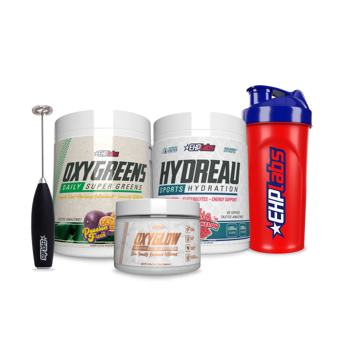 Health Essentials Stack bundle with OxyGreens, Hydreau hydration, OxyGlow collagen, hand mixer and shaker bottle