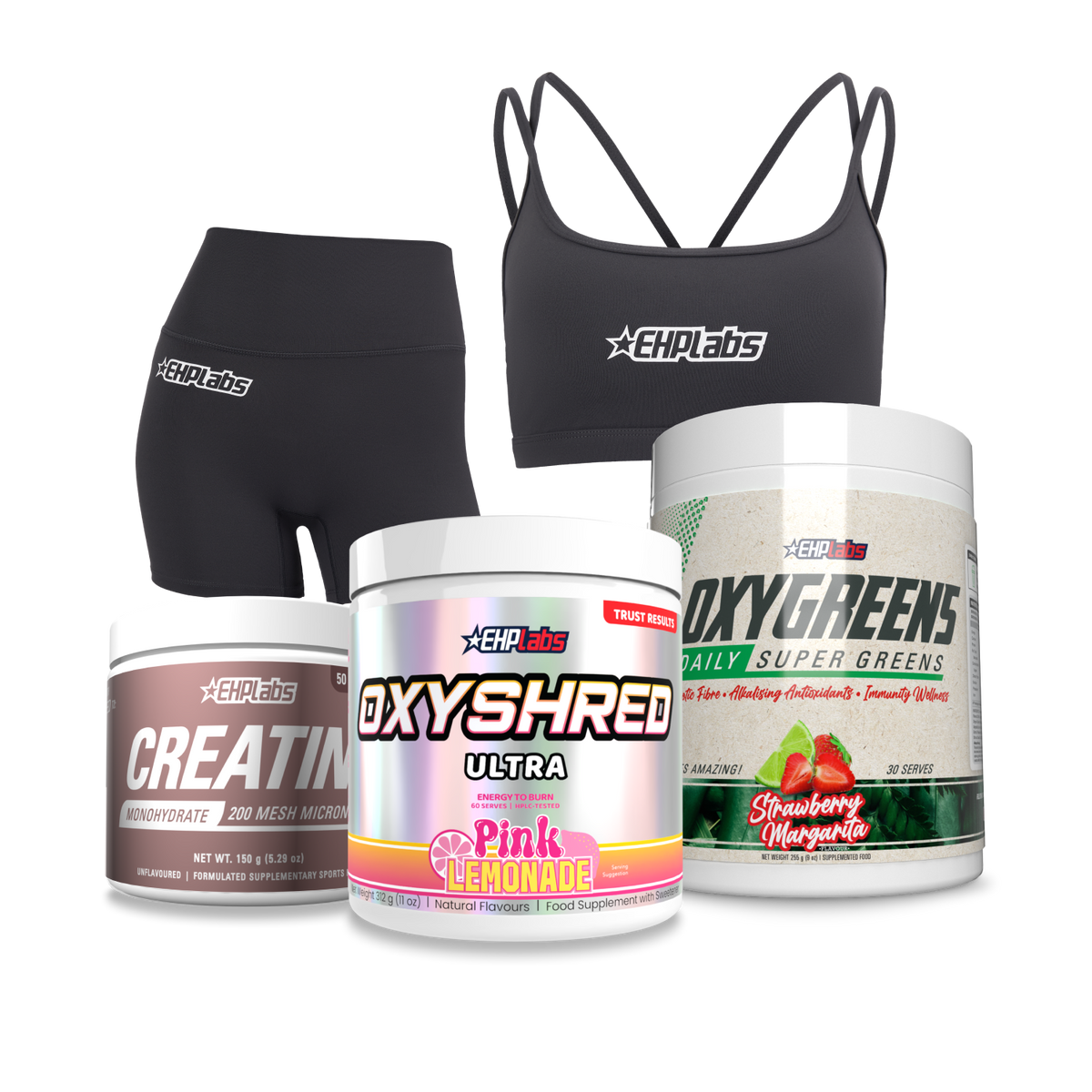 Hot Girl Stack bundle with OxyShred, OxyGreens, Crea-8 creatine, EHP sports bra and Sculpt leggings