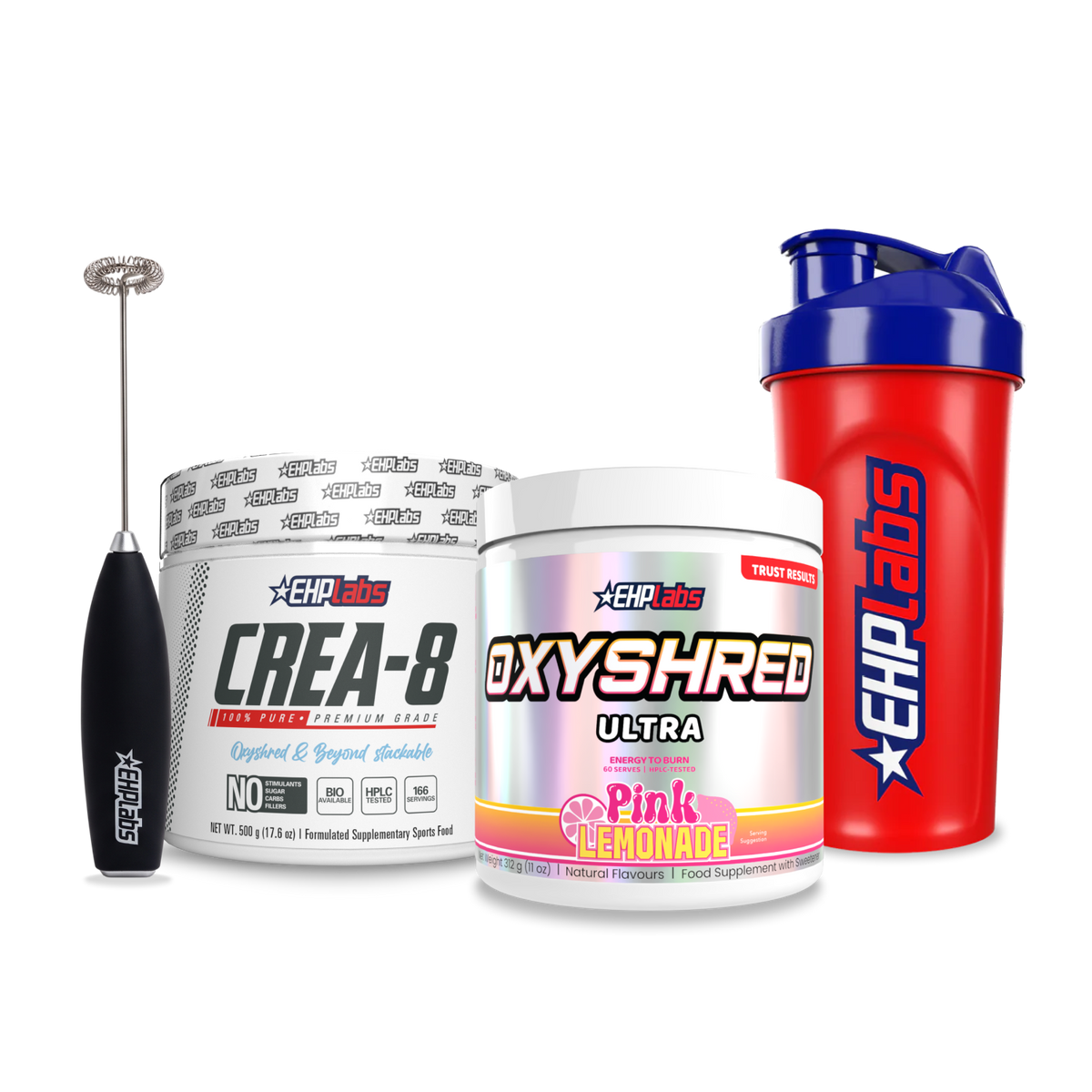 OxyShred + Creatine Stack bundle with OxyShred, Crea-8 creatine, shaker bottle and portable hand mixer