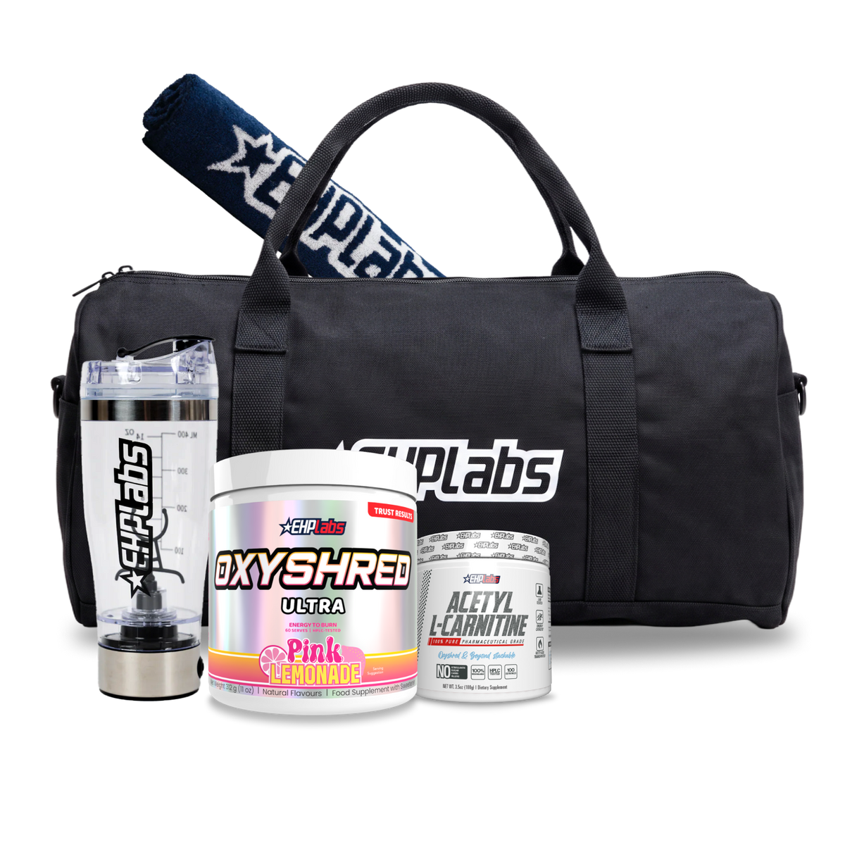 Shred Essentials Stack bundle with OxyShred, Acetyl L-Carnitine, electric shaker, gym towel and gym duffle bag