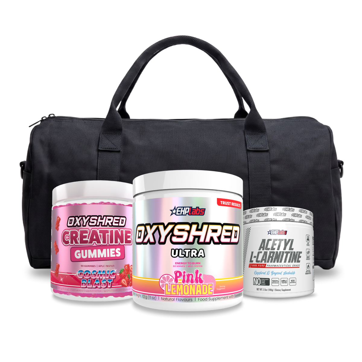 Shred Trio Bundle with OxyShred, Acetyl L-Carnitine, OxyShred Creatine Gummies and gym duffle bag