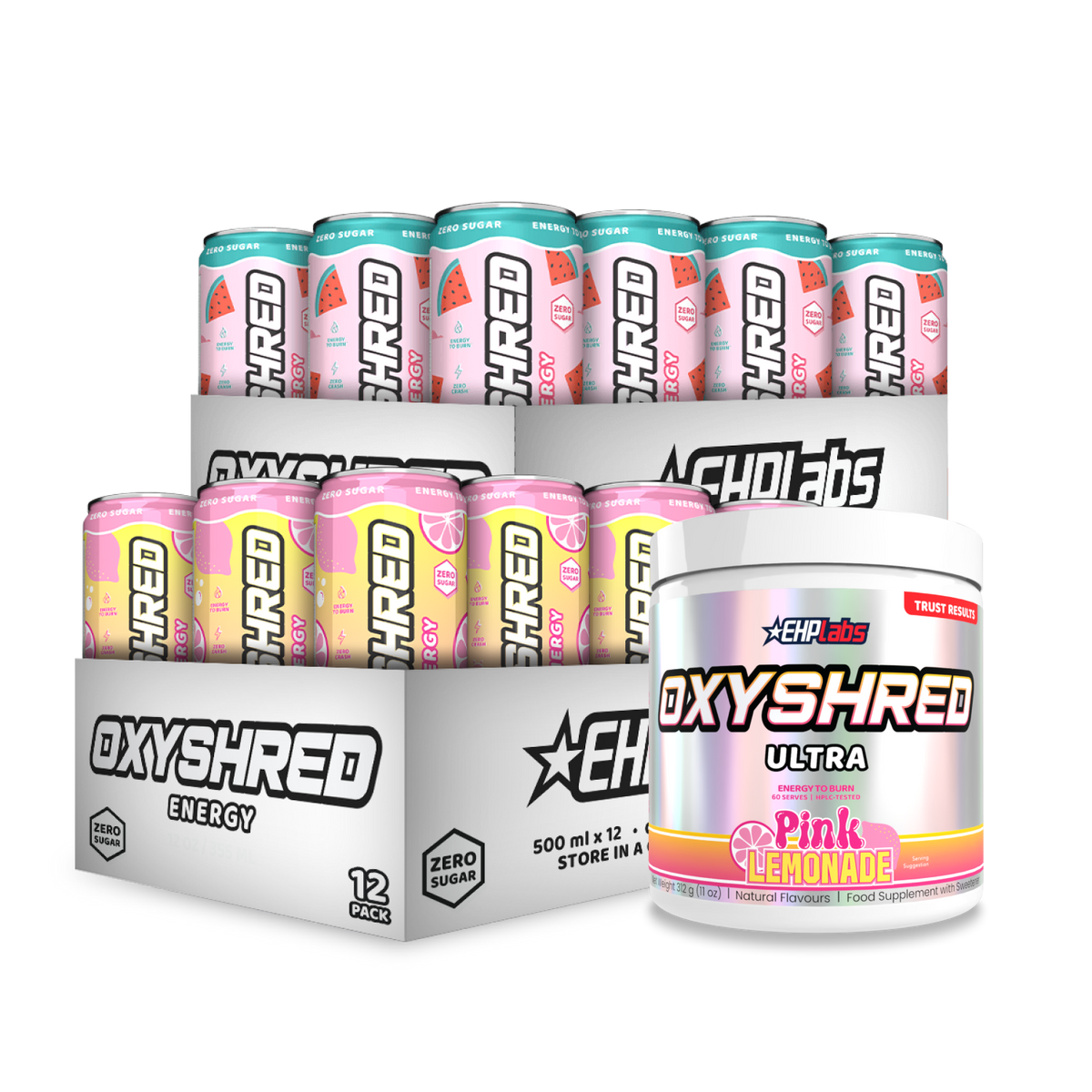 Ultimate OxyShred Stack bundle with OxyShred powder and a 12 pack of OxyShred Energy cans